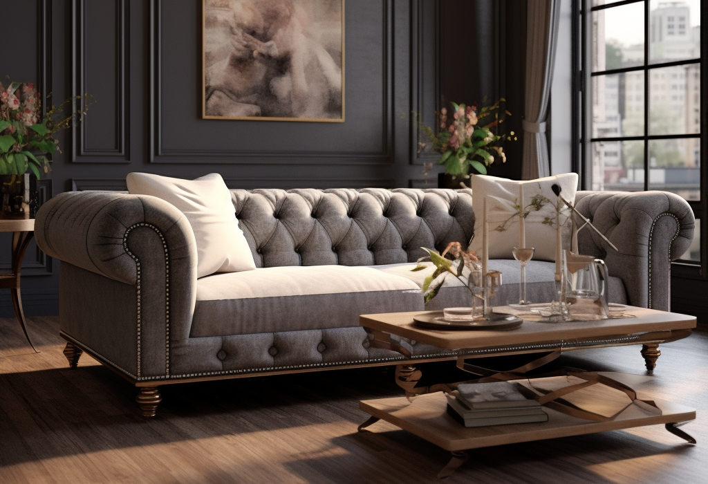Gray Chesterfield sleeper sofa with decorative cushions, adding elegance to a modern interior