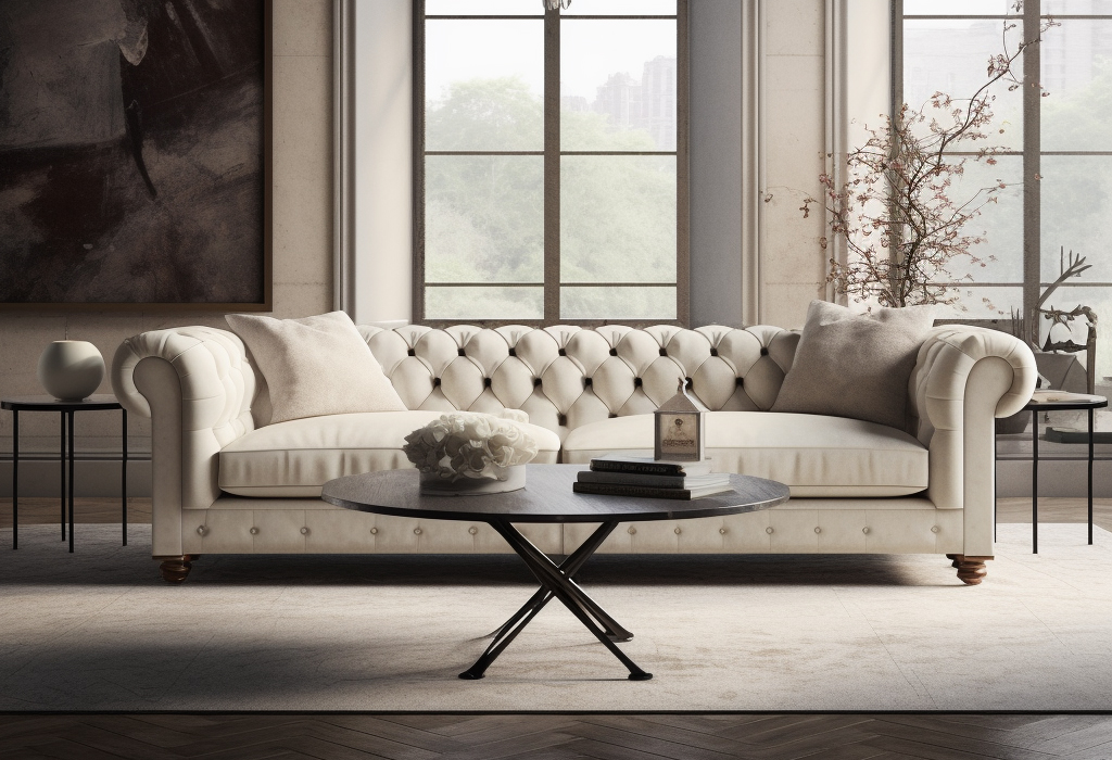 Cream Chesterfield sleeper sofa seamlessly blending into a minimalist interior