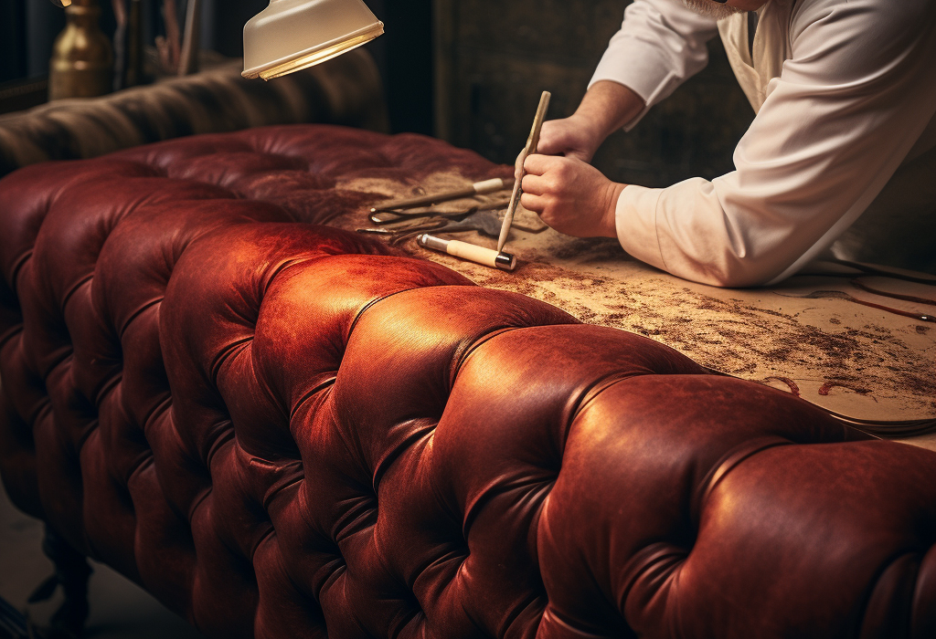 Skilled craftsman meticulously creating a Chesterfield sofa bed