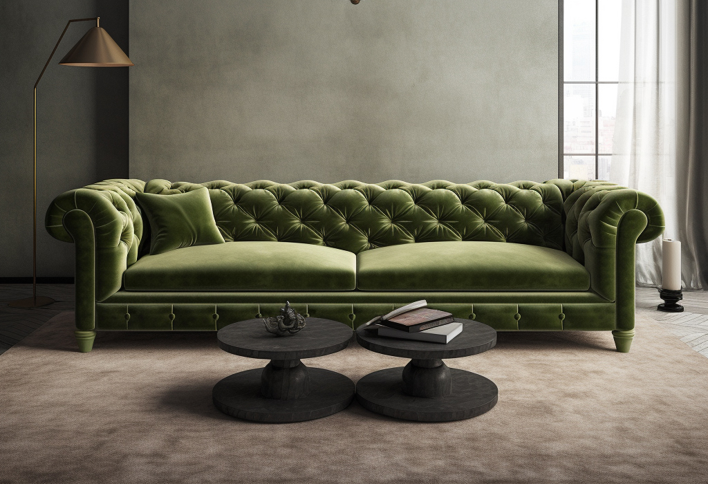 Striking green Chesterfield sectional sofa, elevating the style of a modern lounge area
