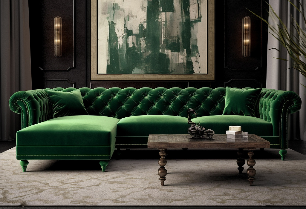 Bold green Chesterfield sectional sofa in a modern, vibrant space