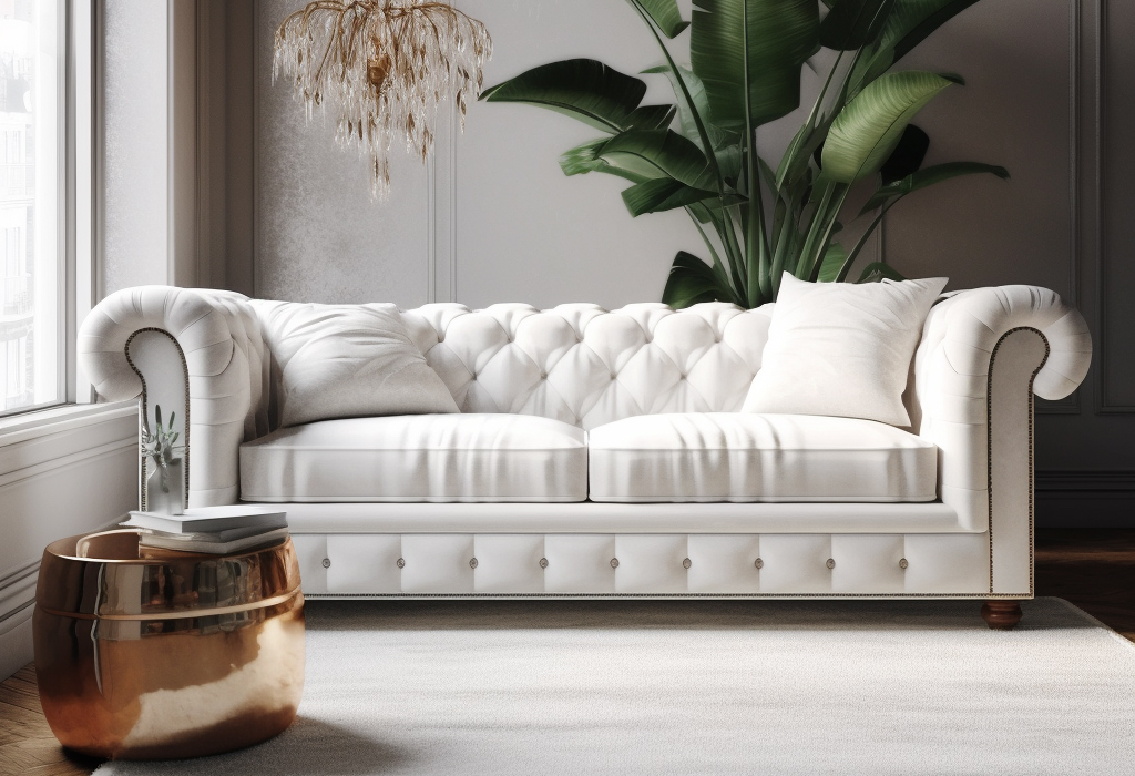 Immaculate white Chesterfield sofa bed brightening a small room