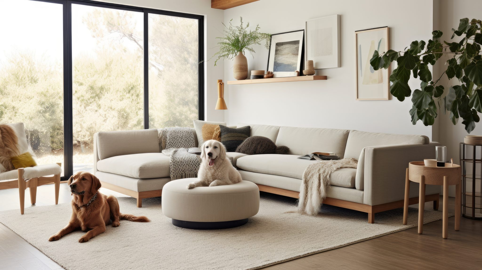 A petfriendly living room with durable furniture, pet beds, and toys
