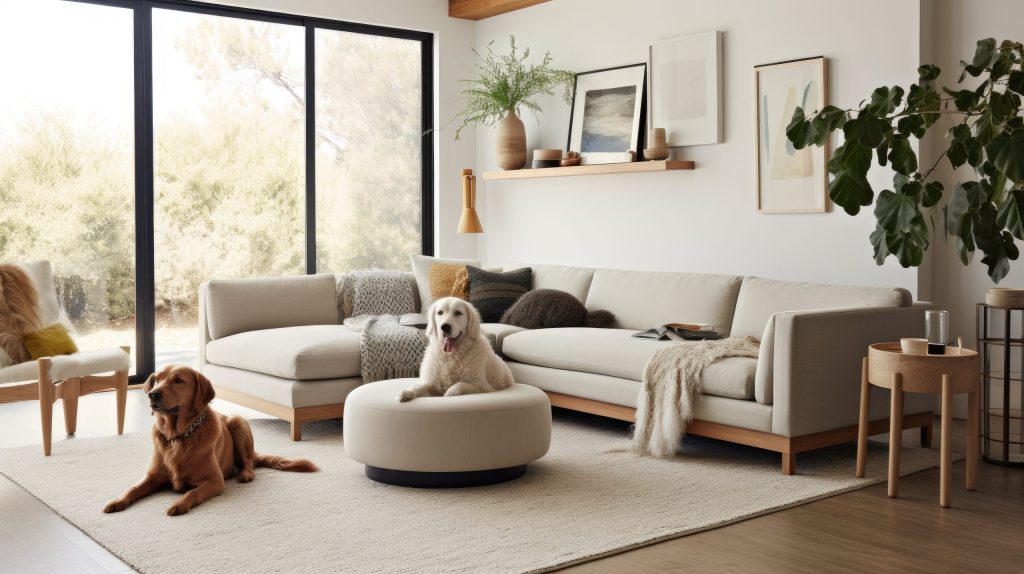 A petfriendly living room with durable furniture, pet beds, and toys